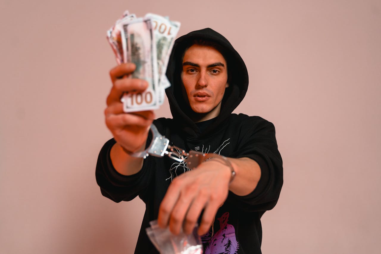Man in handcuffs holds cash and small bag indoors, symbolizing crime and illegal activity.