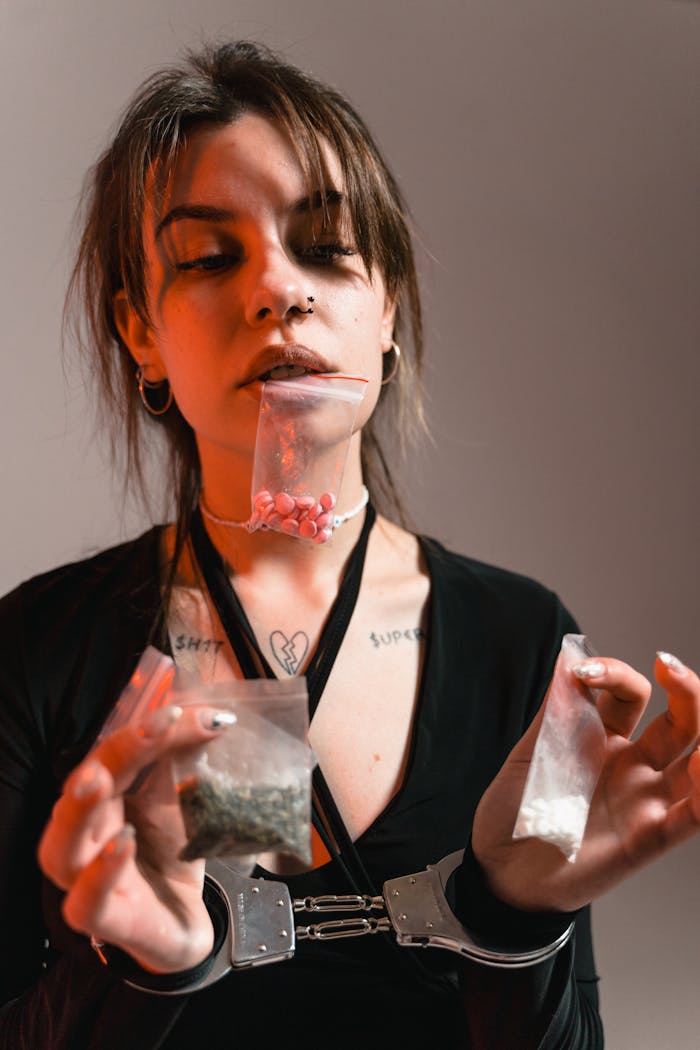 Young woman showcasing various substances in clear plastic bags, conveying a theme of addiction.